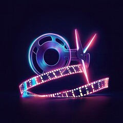 Neon film reel and editing scissors.