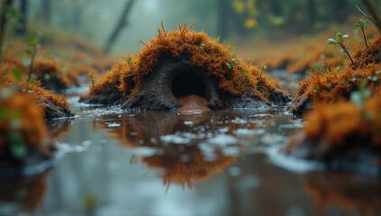 Moss-Covered Hillocks By A Quiet Pool Of Water In A Mystical Forest Setting