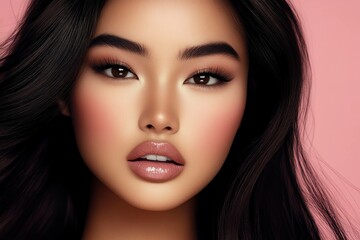 Obraz premium Close up portrait of a young Asian woman with flawless skin and glossy lips, exuding confidence against a soft pink background