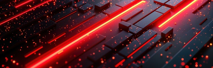 Abstract tech design with overlapping diagonal lines in red, black. Shiny, metallic surfaces create modern graphic pattern. Red glowing lines, small sparks produce dynamic effect. Black cubes create