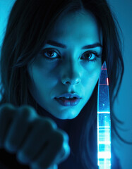 Fierce Young Woman With Glowing Blade In An Intense Standoff
