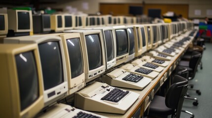 Row of vintage computers in a classroom setting.