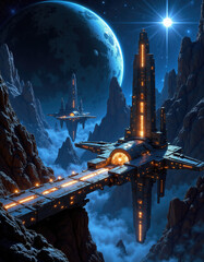 Futuristic Space Station On Otherworldly Planet Surrounded By Majestic Rocky Landscape
