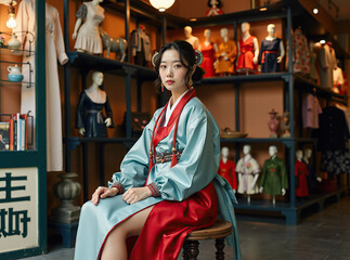 Woman in Hanbok-Style Dress in Clothing Showroom