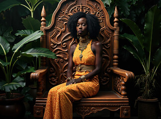 Fototapeta premium Portrait of a Woman in Gold and Orange Dress Seated on an Ornate Wooden Throne