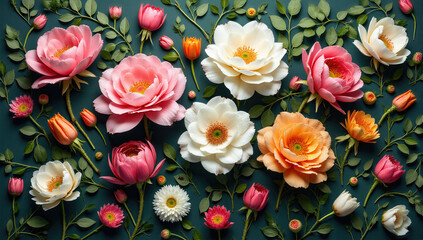Vibrant Floral Display Showcasing Peonies And Roses In A Beautiful Array Of Spring Colors
