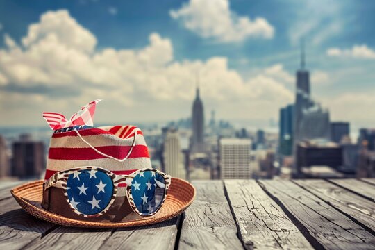 New york city skyline with american flag hat and sunglasses on a wooden surface