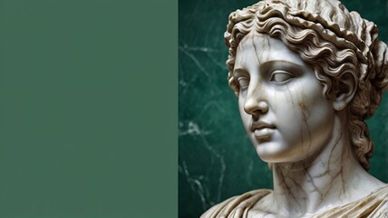 Marble head of young woman, ancient Greek goddess bust on green background with space for text