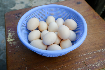 Free-range chicken eggs in a plastic basket