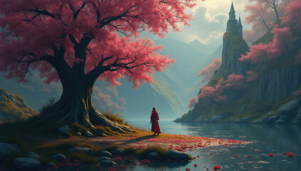 A Serene Landscape With A Pink Flowering Tree And A Castle By The River, Radiating Tranquility.
