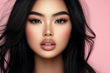 Fototapeta premium Beautiful Asian woman with flawless skin and glossy lips against a soft pink background, showcasing a fresh and radiant makeup look, ideal for beauty and skincare concepts