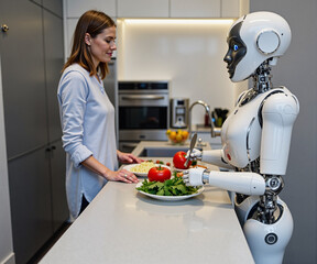 Robot helping woman prepare a meal in the kitchen. Generative AI