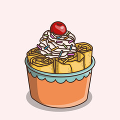 Rolled ice cream topped with whipped cream, chocolate sprinkles and a cherry