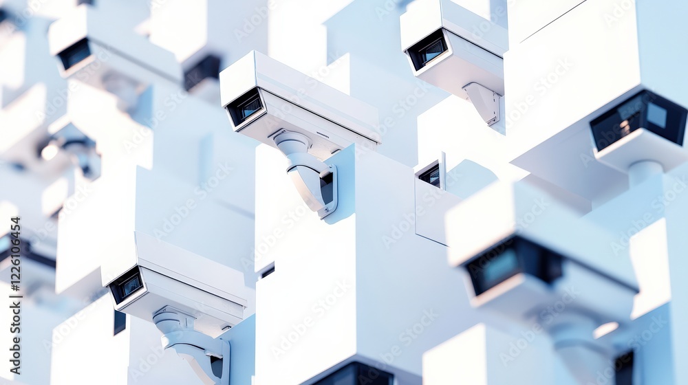 Poster a modern array of surveillance cameras mounted on a wall, capturing security measures in action
