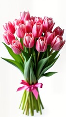 Obraz premium Beautiful bouquet of pink tulips on white background. Lush flowers and vibrant color. Spring or summer gift for special someone. Fresh flowers arrangement. Romantic present.