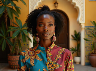 Fototapeta premium Portrait of Woman in Ornate Shirt and Earrings Against Moroccan Architecture