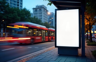 Blank white vertical billboard at night bus stop. City street scene. Red bus passes by. Urban advertising mockup. Empty space for advertisement. Night time. Ideal for marketing, communication