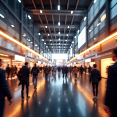 Expo hall with many people walking. Blurred figures of business people, consumers, sellers move through exhibition space. Modern design, lighting visible. Event likely international trade show large