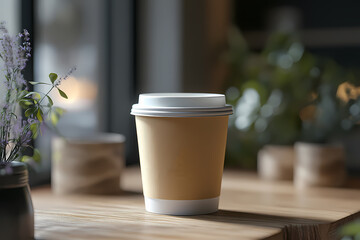 A minimalist coffee cup mockup on a wooden table, perfect for showcasing your branding designs