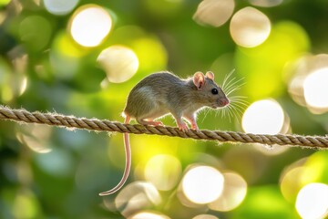 A Small Mouse Balancing Gracefully on a Rope Surrounded by a Dreamy Out-of-Focus Green Background in Natural Light