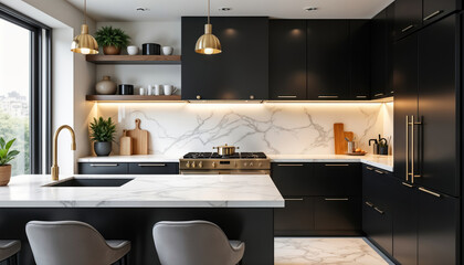 Stylish contemporary kitchen with black, white cabinets, golden fixtures. Marble tiles, granite countertop. Modern design with empty space. Luxury interior design. Empty kitchen space suitable for