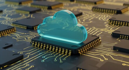 A blue cloud icon is displayed over computer microchips, symbolizing cloud computing, technology infrastructure, and digital data storage concepts.

