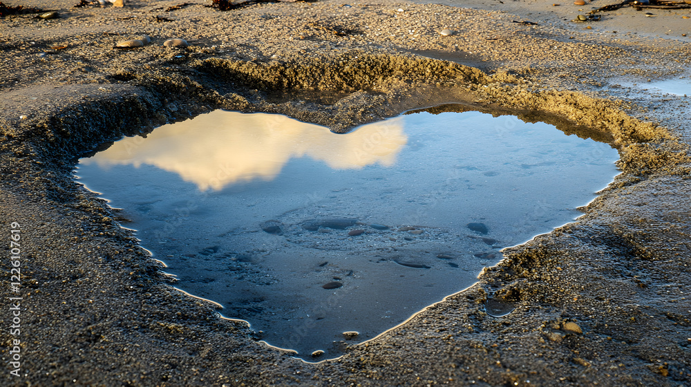 Poster a heart-shaped reflection in a shallow tidal pool on the beach