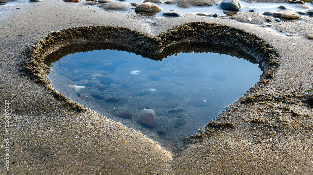 Poster a heart-shaped reflection in a shallow tidal pool on the beach