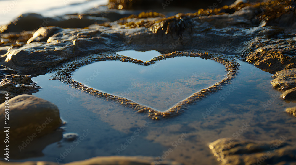 Poster a heart-shaped reflection in a shallow tidal pool on the beach