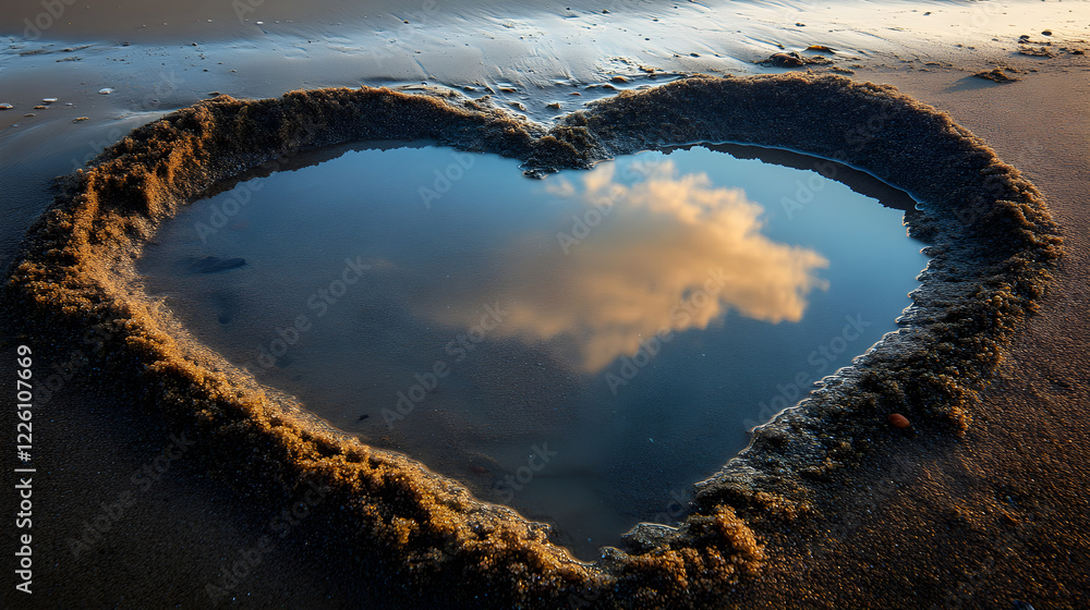 Poster a heart-shaped reflection in a shallow tidal pool on the beach