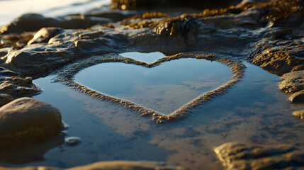 Fototapeta premium A heart-shaped reflection in a shallow tidal pool on the beach