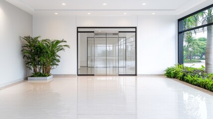 Obraz premium Modern building lobby entrance, glass doors, plants, bright interior. Ideal for corporate website