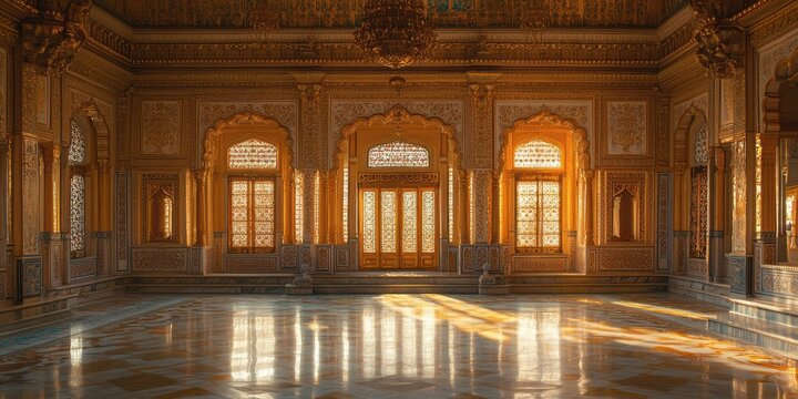 The grand and opulent interior of a historic palace room adorned with intricate carvings and golden embellishments reflecting in the polished marble floor