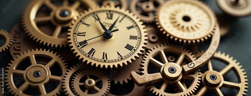 Aufkleber closeup view of intricate clock mechanism. interconnected gears, clock face visible. details of meta