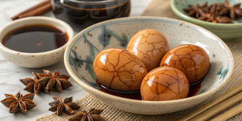 Hard-boiled tea eggs with cracked marble patterns, displayed in a traditional ceramic bowl with star anise and soy sauce