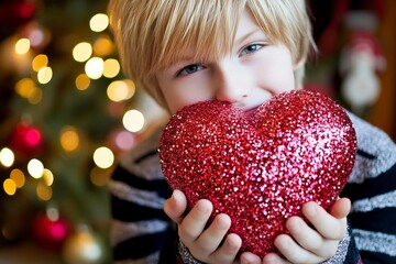 Commercial marketing idea. Sign of love and affection. Youth valentine's day greeting card: juvenile boy with thrilled face holds red heart in hands. Valentine's holiday concept. Love concept.