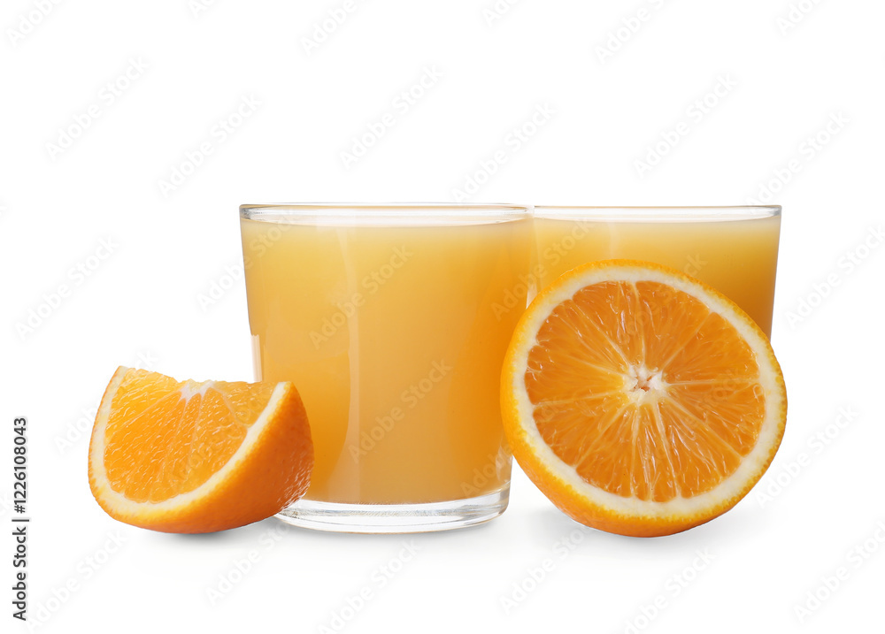 Wall mural Glasses of tasty juice with oranges on white background