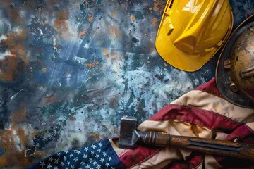 Observing american labor day with construction and mining tools against a gritty background