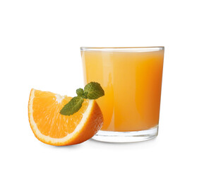 Glass of tasty juice with orange slice and mint leaves on white background