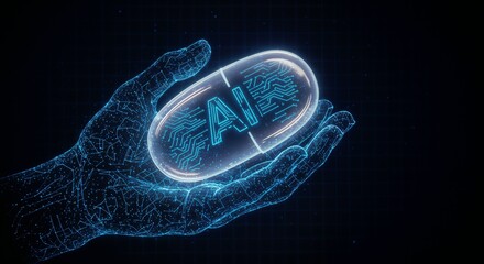 A digitally created image showcasing a glowing capsule labeled AI, held by a luminous hand, illustrating advanced technology, artificial intelligence, and futuristic themes.

