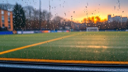 Rainy sunset view of a soccer field through a window.