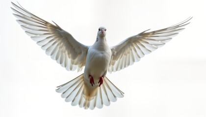 Obraz premium White dove soars high in the sky. Wings wide open. Symbol of peace and freedom. Beautiful nature scene. Perfect for wedding invitations. Calm and serene image. Perfect for social media.