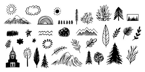Set of hand drawn nature themed doodles of trees, mountains, leaves, sun, and clouds in black and white. Line shape marker and brush elements. For illustrations, and creative projects. Vector art © Lilith_Saly