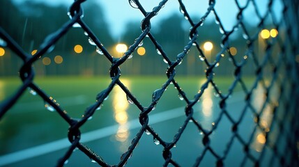 Fototapeta premium Rain drops on wire fence at night, blurry sports field background.