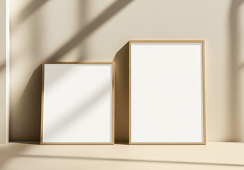 Wooden mock up poster frames by the wall