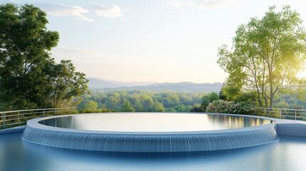 a large open tank at a water treatment plant, with water flowing steadily through a filtration system, surrounded by metal railings and softly lit by overcast natural light