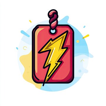 Red tag with lightning bolt, rope, abstract background.