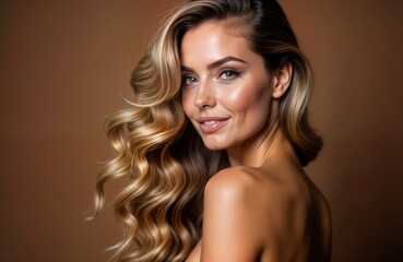 Naklejka premium Beautiful woman with glamorous wavy hair against brown studio background. Model poses with smile, perfect makeup. Studio portrait healthy skin, hair. Picture evokes beauty, fashion, hair care. Photo