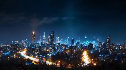 Night Skyline of a Modern City with Bright Lights