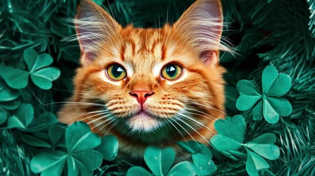 Ginger cat peeks through greenery and clover leaves in a playful setting. Happy St. Patrick's day.